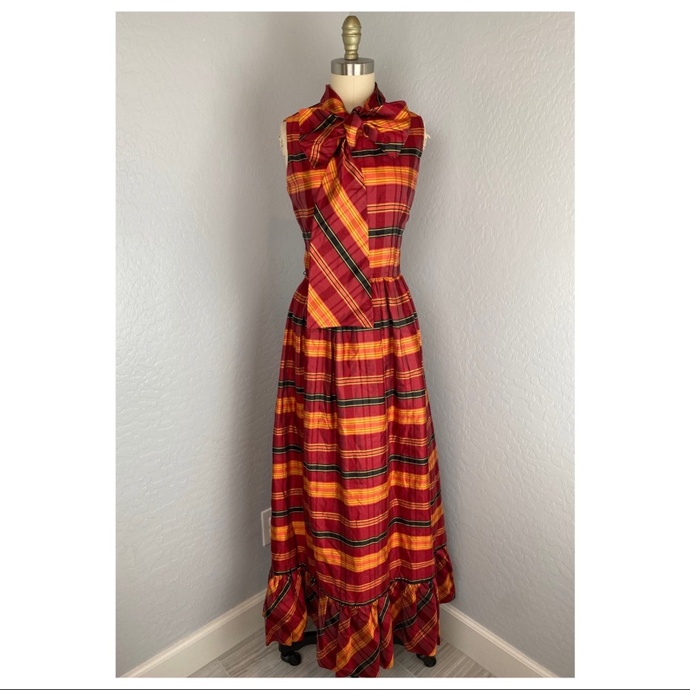 Vintage Orange & Red Plaid Bow Neck Sleeveless Maxi Dress